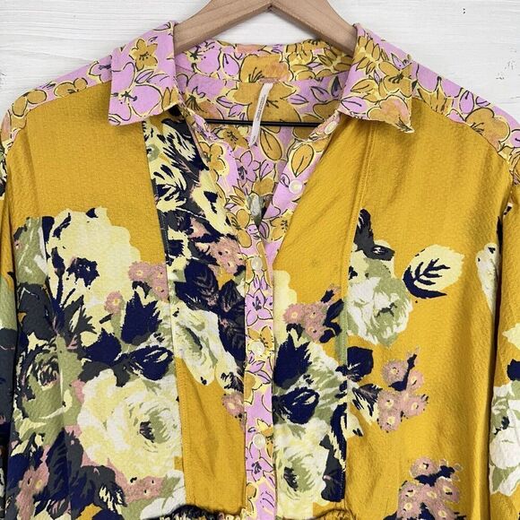 Free People Top Size S Brunch A Bunch Floral Tunic Blouse Yellow Oversized - Picture 3 of 14
